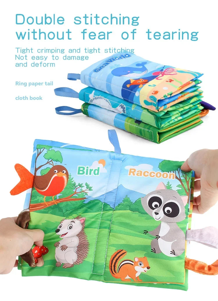 A colorful cloth book featuring illustrations of various animals like a bird, raccoon, and other creatures.
