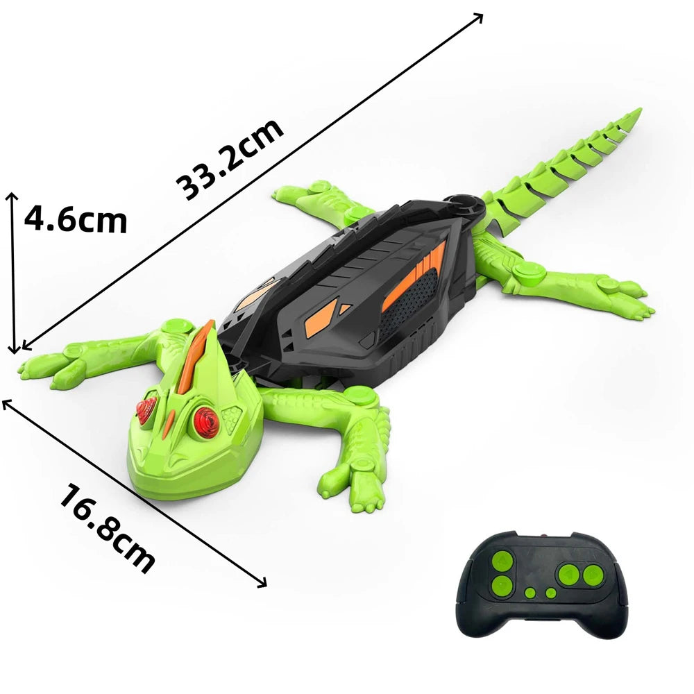 A green lizard robot toy with black armor and orange accents is shown next to its remote control.