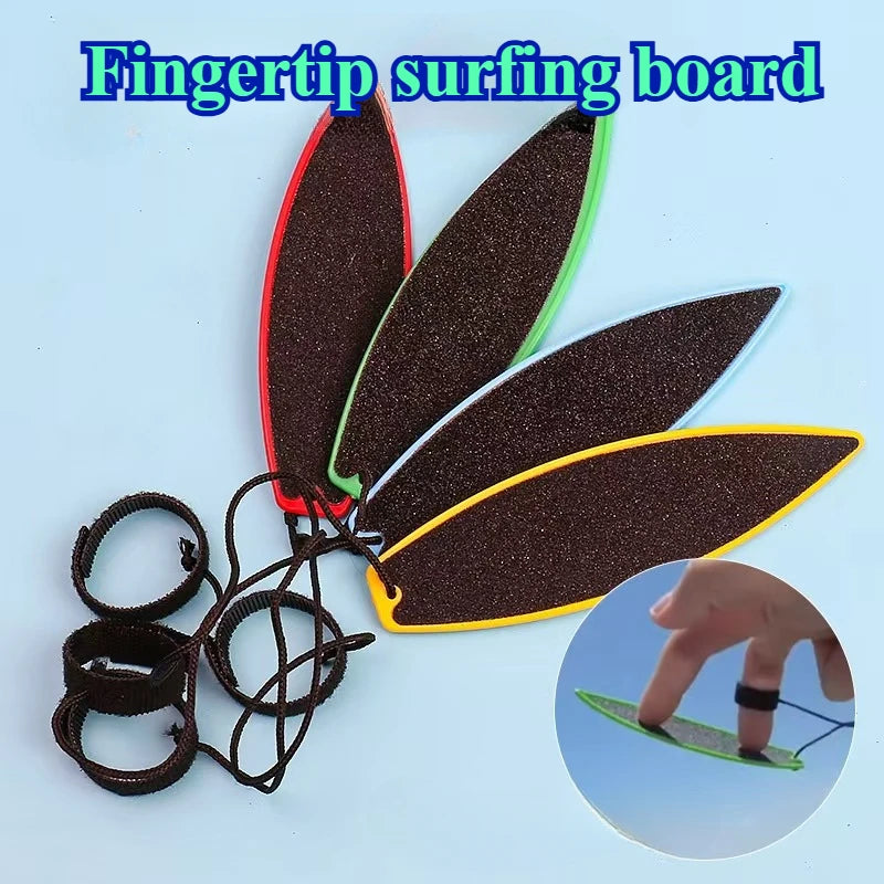 A finger tip surfing board with a black and green fin, shown alongside a hand using it for trick fun.