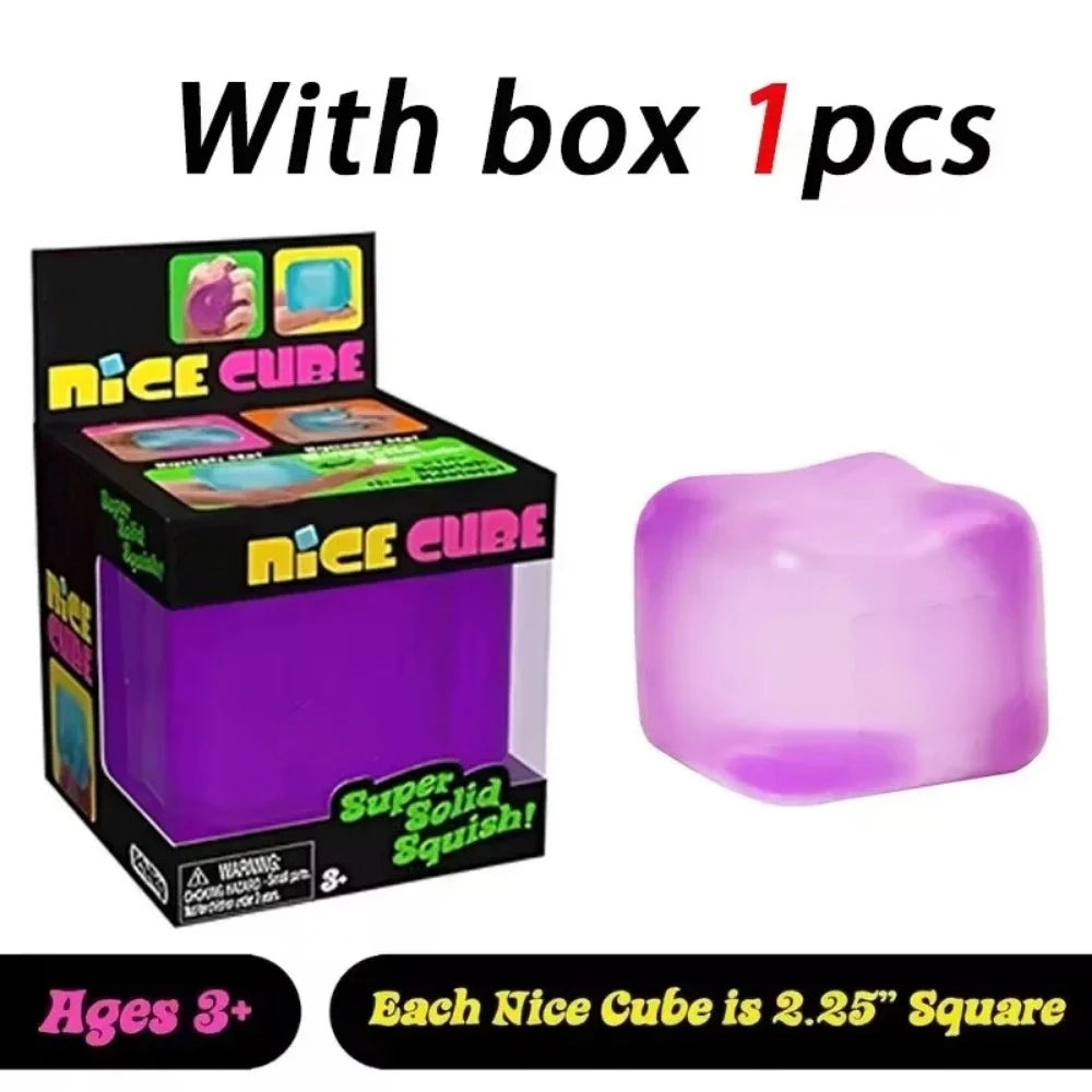A box of a purple Nice Cube squishy stress toy with a single cube shown next to the packaging.