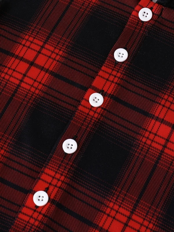 Close-up of a red and black plaid fleece-lined hooded two-piece set with white buttons.