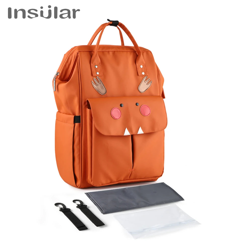Orange waterproof diaper backpack with changing mat and stroller straps
