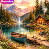 A scenic mountain landscape painting kit featuring a lake, forest, and wooden boat on a shore.