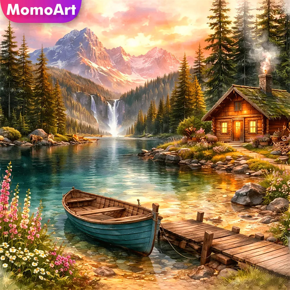 A scenic mountain landscape painting kit featuring a lake, forest, and wooden boat on a shore.