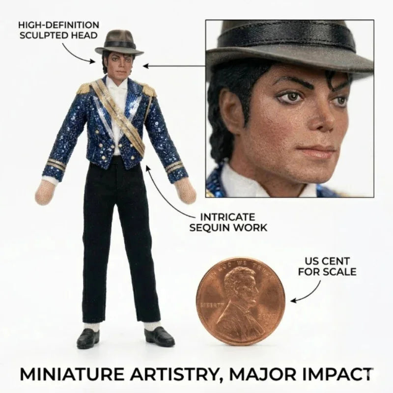 High-definition sculpted head of a miniature artistry collectible featuring intricate sequin work and US cent scale.
