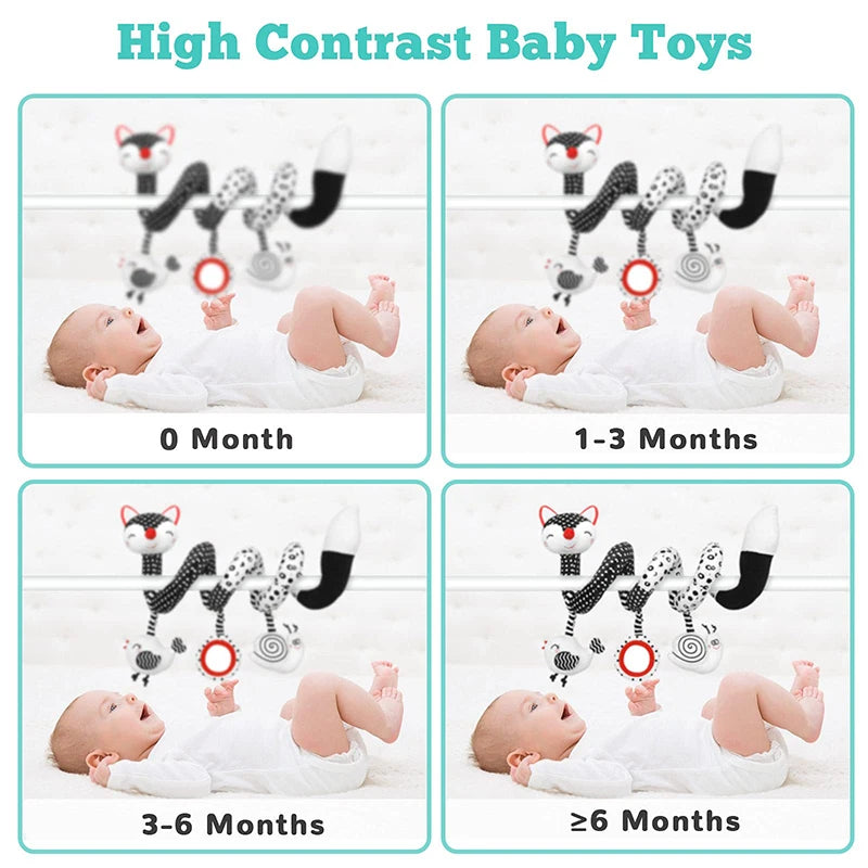 Un ensemble de jouets pour bébé à fort contraste, comprenant un hochet et un miroir pour nourrissons de différents stades de 