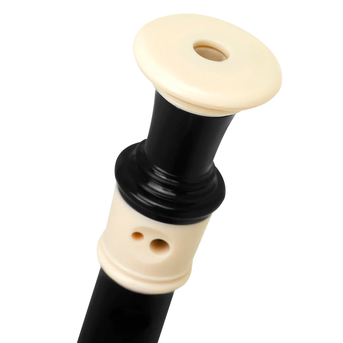 A close-up view of a Baroque Clarinet Recorder featuring a cream-colored mouthpiece and black body.
