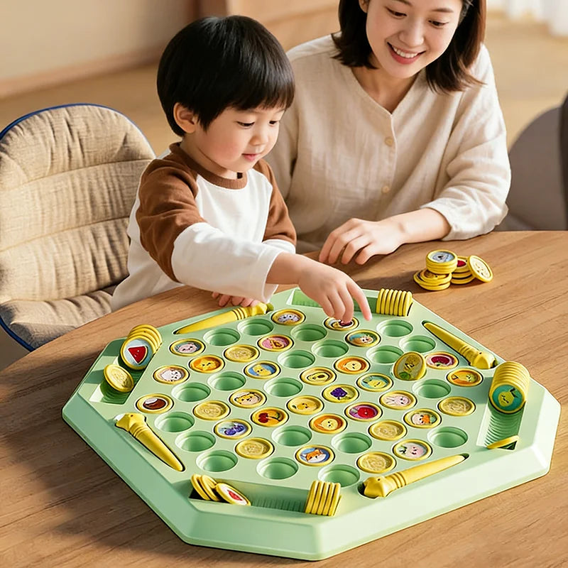 A family playing an Animal Flip Chess memory matching game on a wooden table.