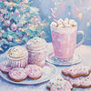 A glass of pink milk with whipped cream and a plate of pink frosted cookies and pastries.