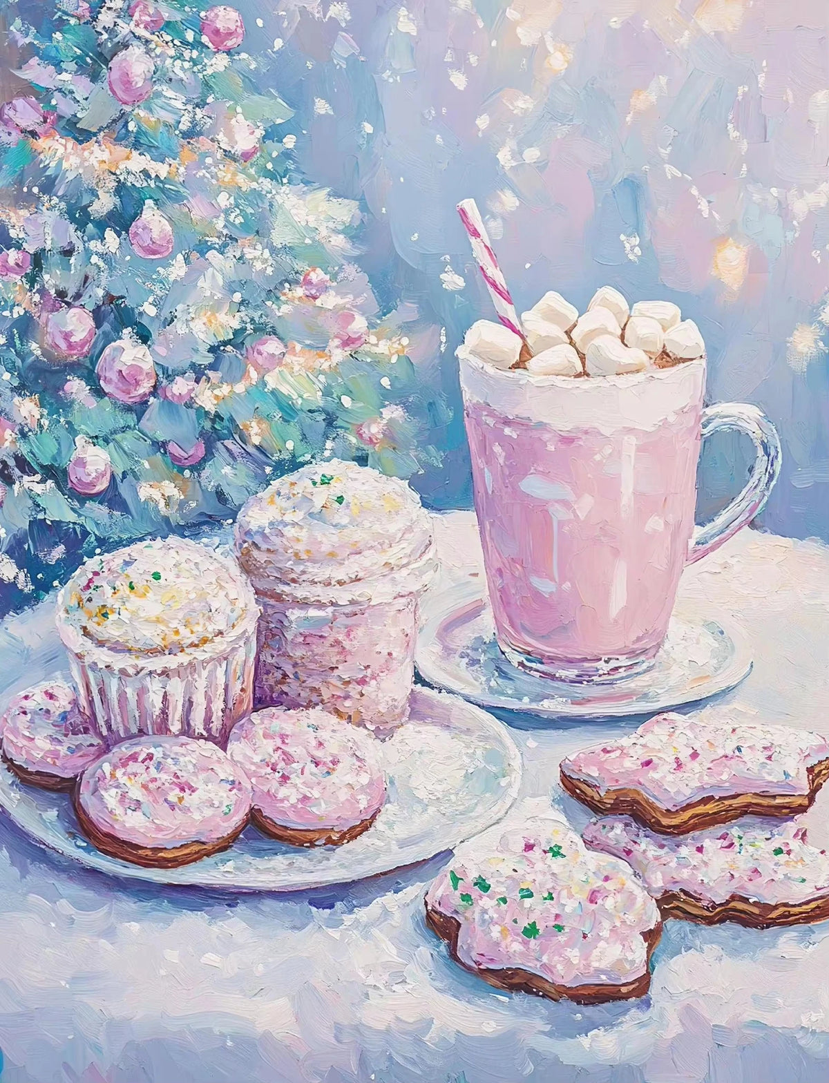 A glass of pink milk with whipped cream and a plate of pink frosted cookies and pastries.
