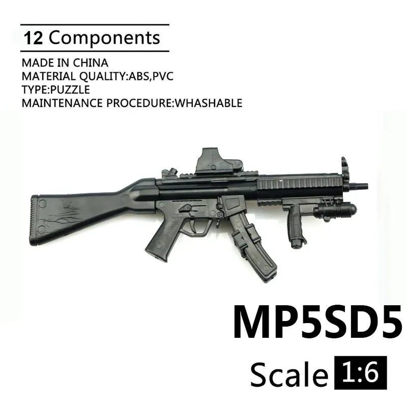 A black 1:6 scale MP5SD5 submachine gun model kit for action figures.