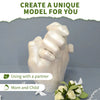 A light beige 3D hand model used for creating keepsakes, shown with text about using it with a partner or mom and child.