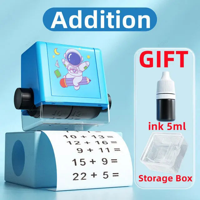 A blue math roller stamp for addition practice is shown next to an ink bottle and a storage box.