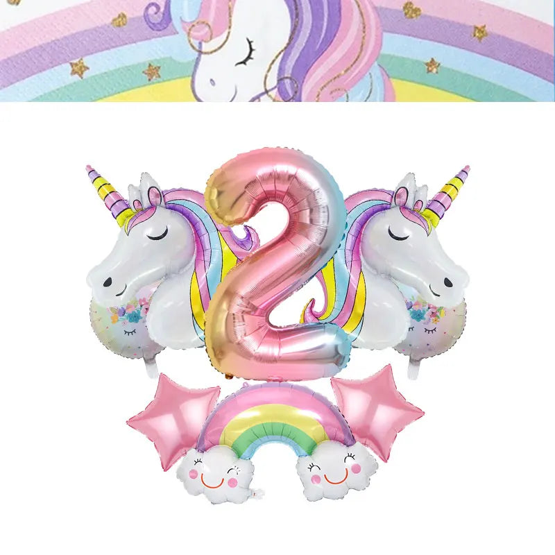 Pink and purple foil number 2 balloons shaped like unicorns with rainbow accents
