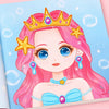 A cute illustration of a girl with pink hair wearing a gold crown and sparkling accessories on a light blue background.