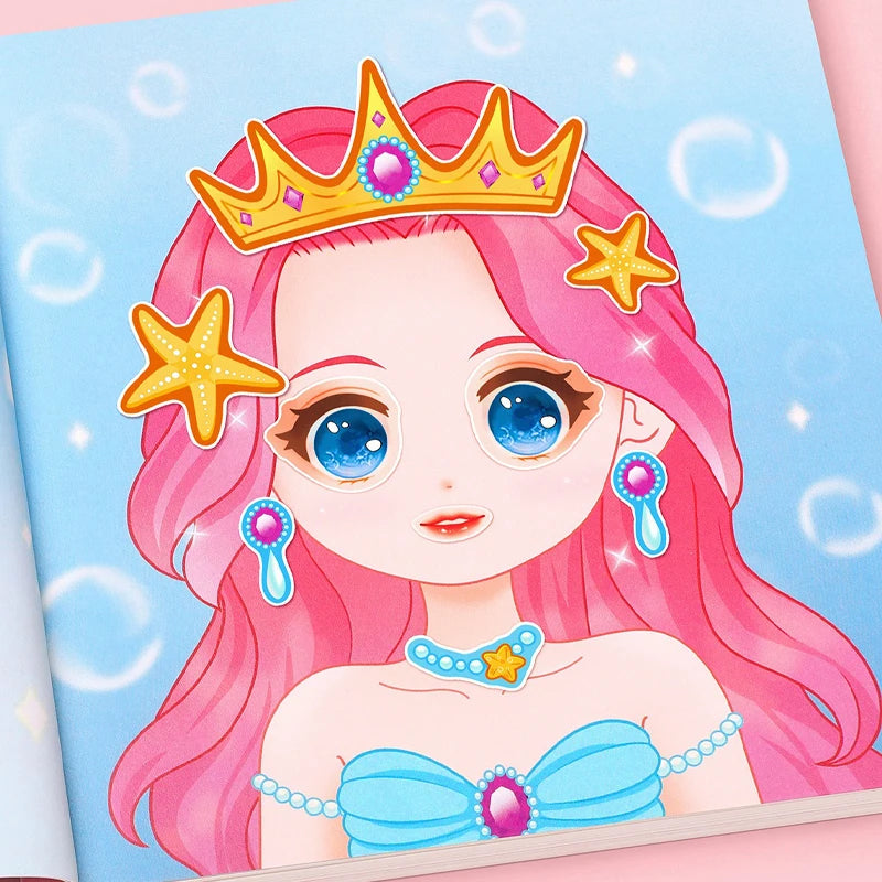 A cute illustration of a girl with pink hair wearing a gold crown and sparkling accessories on a light blue background.
