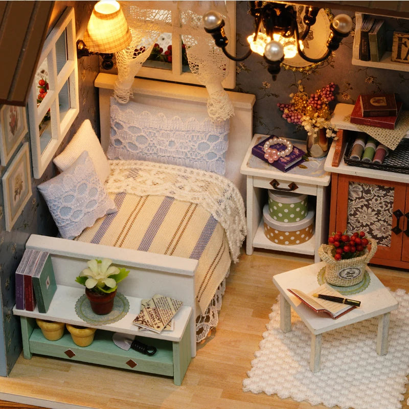 DIY Miniature Wooden Dollhouse Kit with LED Lighting