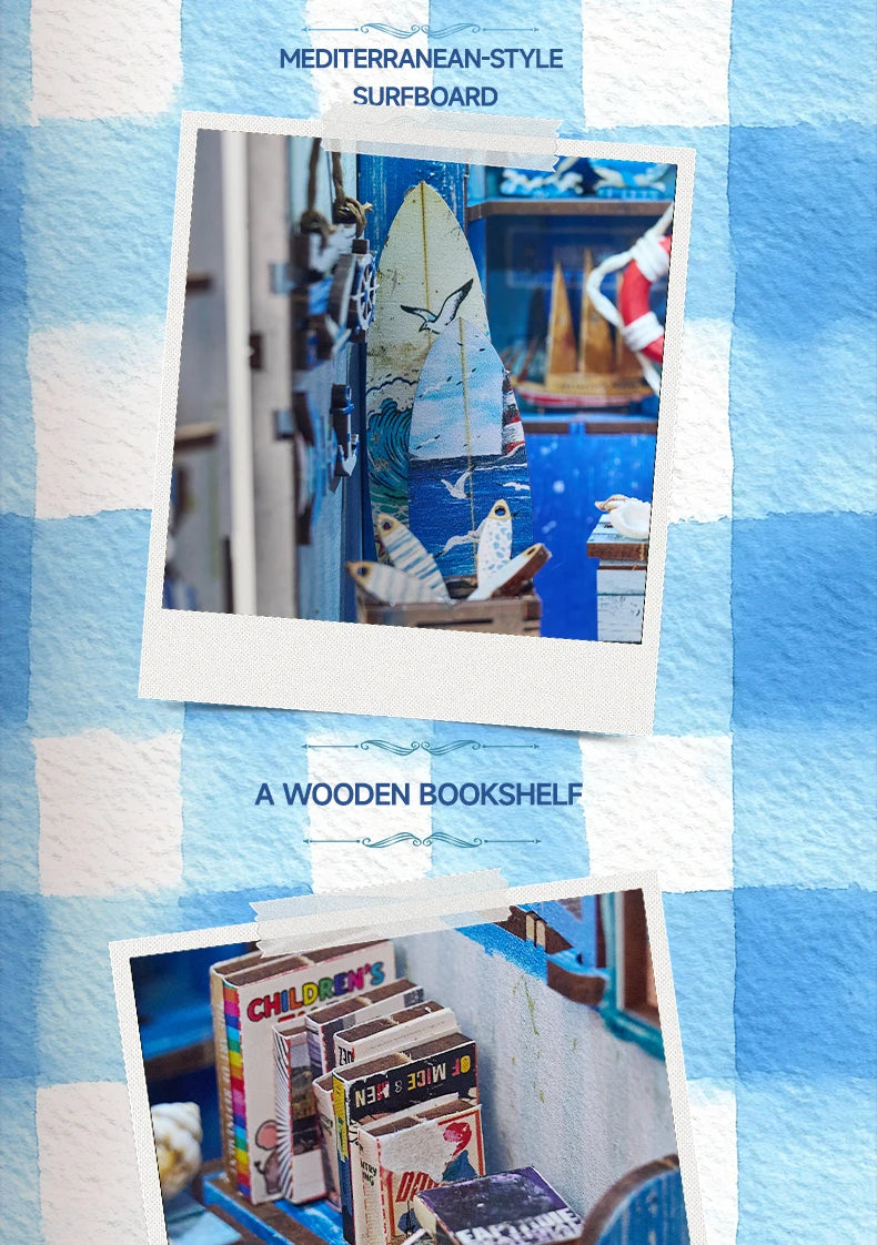 Beach Corner Book Nook Kit – Wooden Miniature Bookend with LED Light