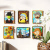 A collection of colorful pixel art paintings featuring people and nature, displayed on a white wall.