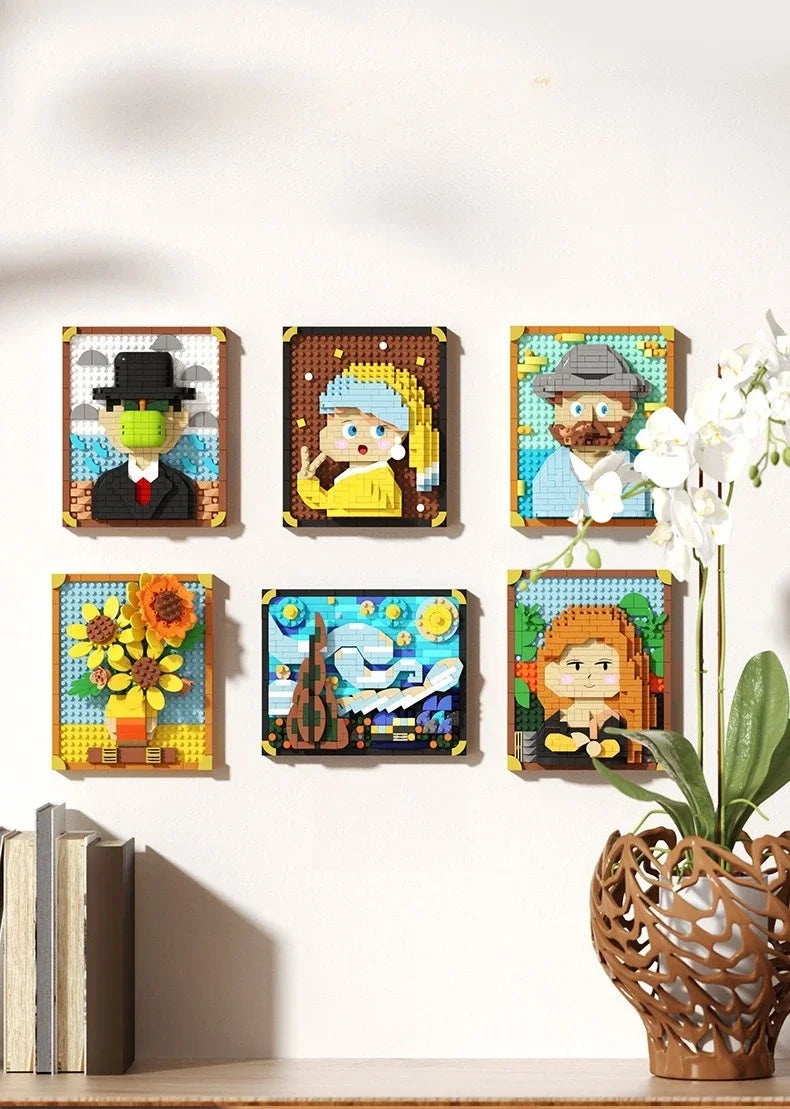 A collection of colorful pixel art paintings featuring people and nature, displayed on a white wall.
