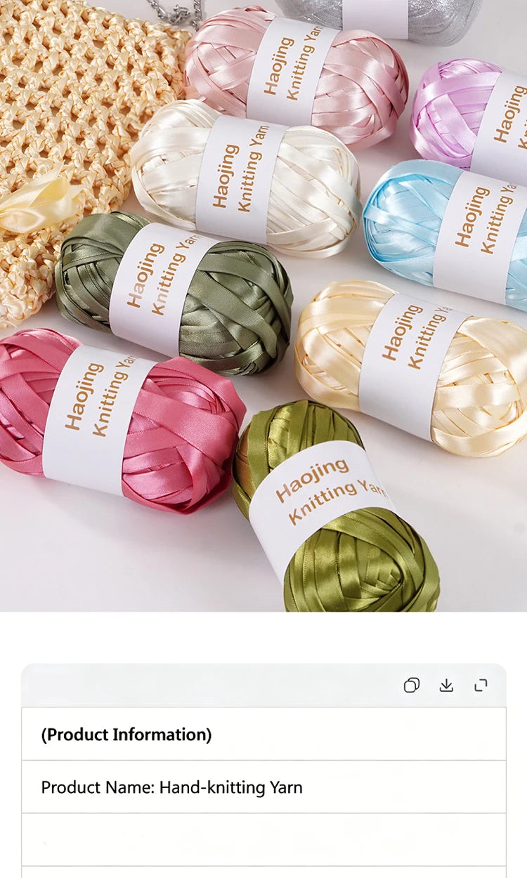 A collection of nine colored satin ribbon yarns in various shades including pink, green, and blue, displayed for hand knittin