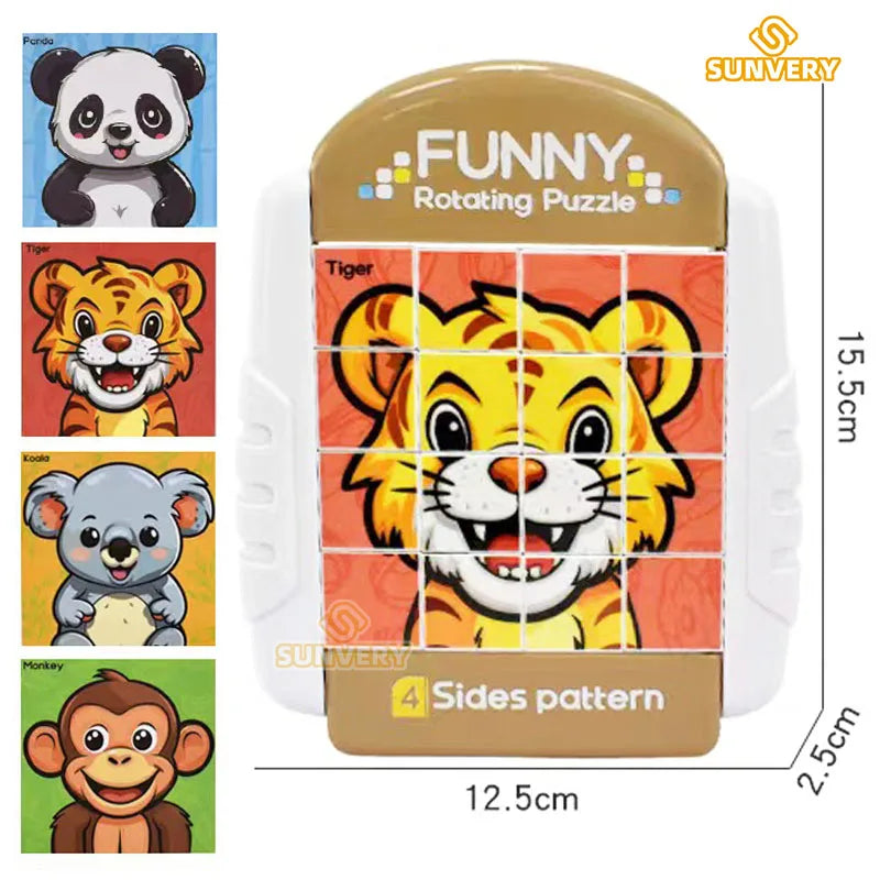 A rotating puzzle featuring four animal faces: panda, tiger, sloth, and monkey, packaged in a light brown plastic container.