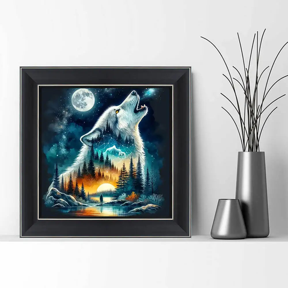 A framed painting depicting a wolf howling at a full moon over a snowy forest landscape.