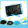 A digital LCD writing tablet with a colorful screen and rounded nib is shown next to its accessories.