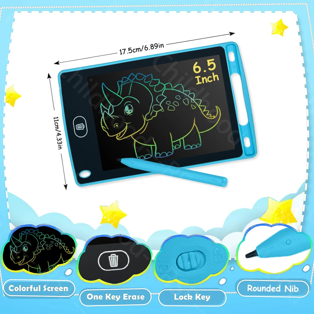 A digital LCD writing tablet with a colorful screen and rounded nib is shown next to its accessories.