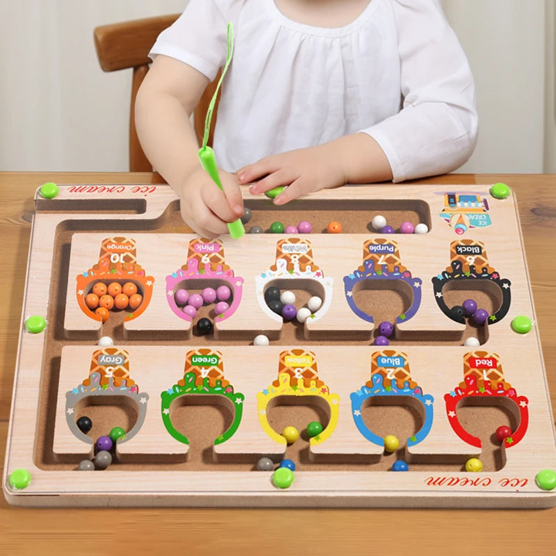 Magnetic Color Sorting Maze Board – Montessori Wooden Toy for Counting & Fine Motor Skills