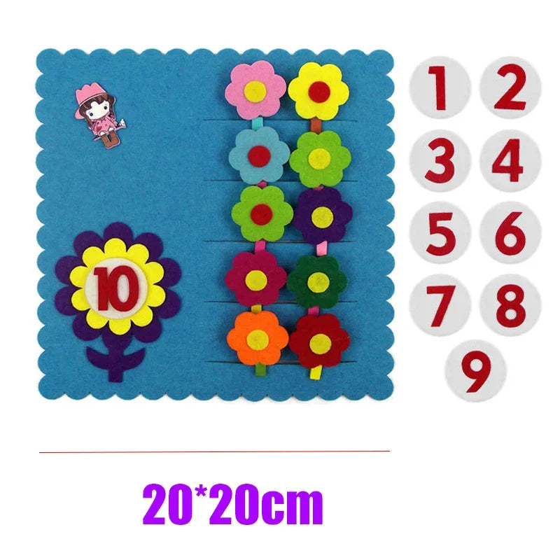 A felt board showing colorful flowers with numbers 1 through 10 arranged in a sequence.