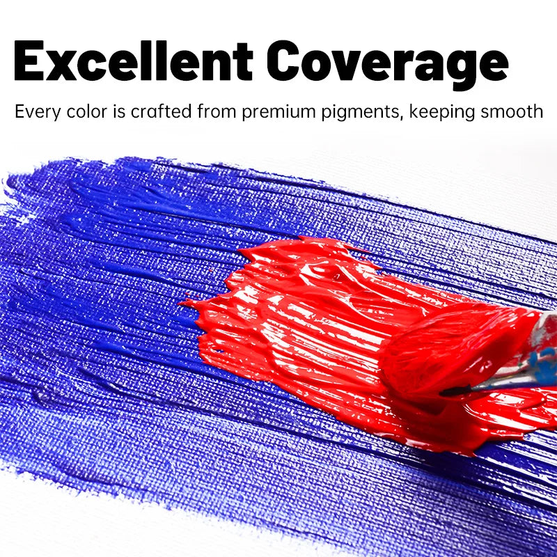 A close-up of vibrant red and blue acrylic paint strokes on a white background.