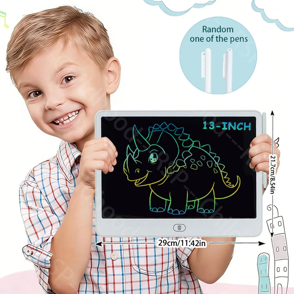 A smiling boy holds a 13-inch LCD drawing tablet displaying a neon green dinosaur drawing.
