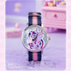 A Twilight Sparkle themed watch with a purple and pink strap displayed on a soft purple surface.