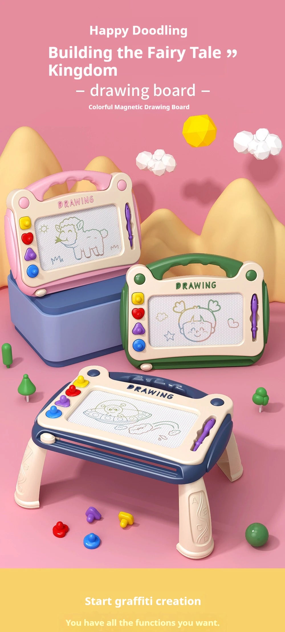 A set of colorful magnetic drawing boards and a large plastic drawing board for kids creating doodles.
