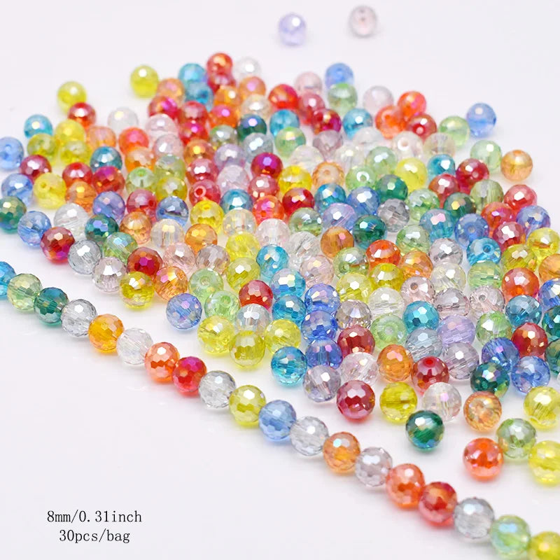 Faceted Round Crystal Glass Beads - 8mm Mixed Colors, 30-Pack