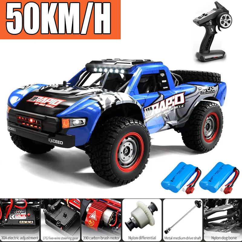 Blue and black high-speed 4WD brushless RC monster truck model