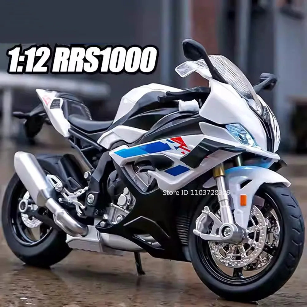 A 1:12 scale die-cast model motorcycle with front steering in white and blue colors.