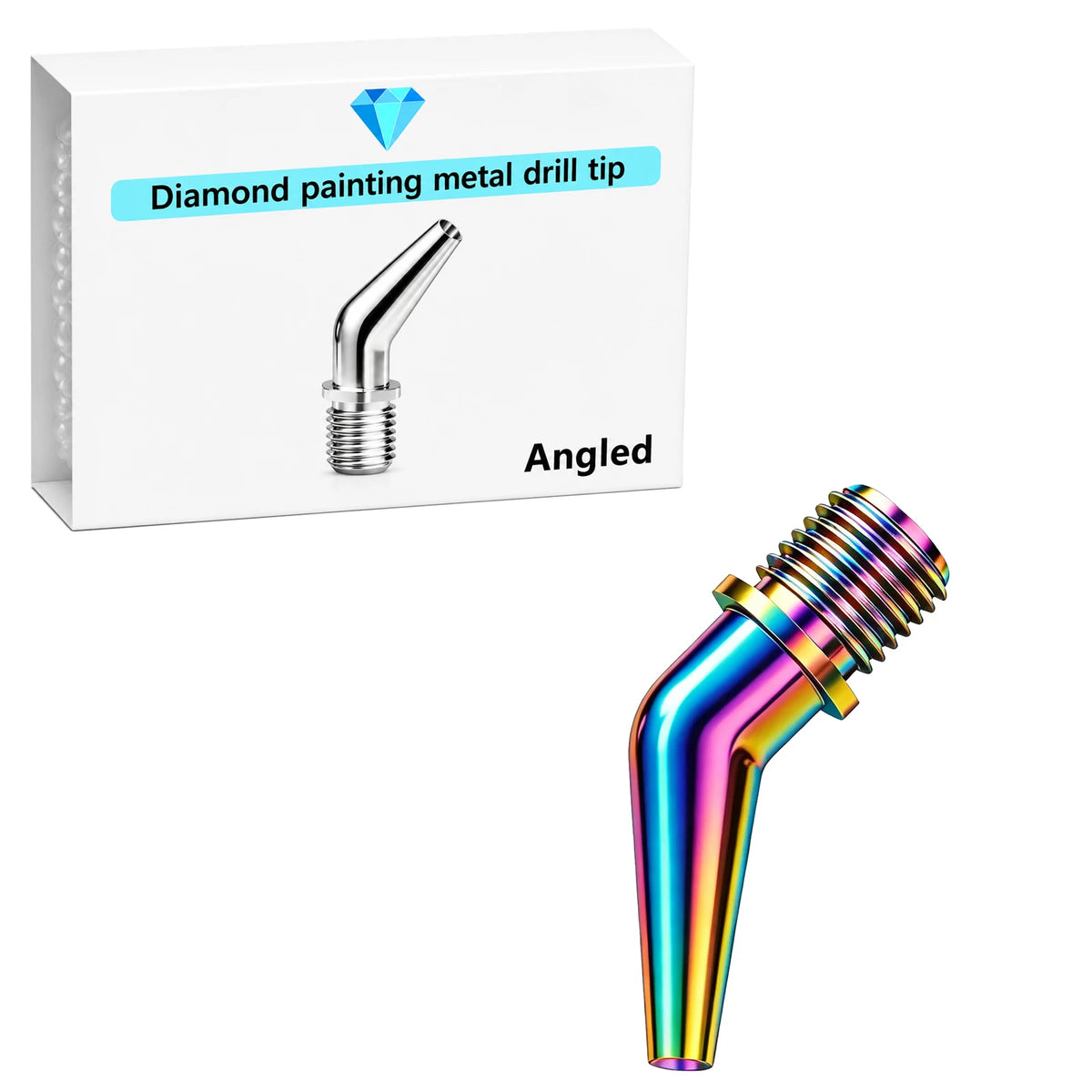 An angled metal drill tip for diamond painting, shown next to the complete pen.