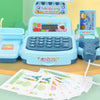 A blue interactive cash register toy with a shopping display and keypad is shown next to some paper money.