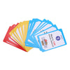 A fan of colorful cards stacked in a fan shape, featuring various shades of red, yellow, and blue.