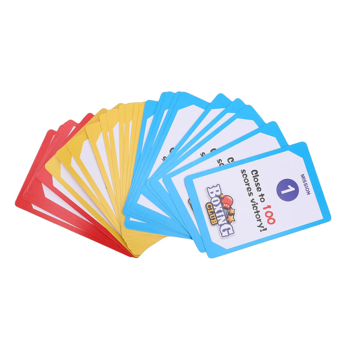 A fan of colorful cards stacked in a fan shape, featuring various shades of red, yellow, and blue.