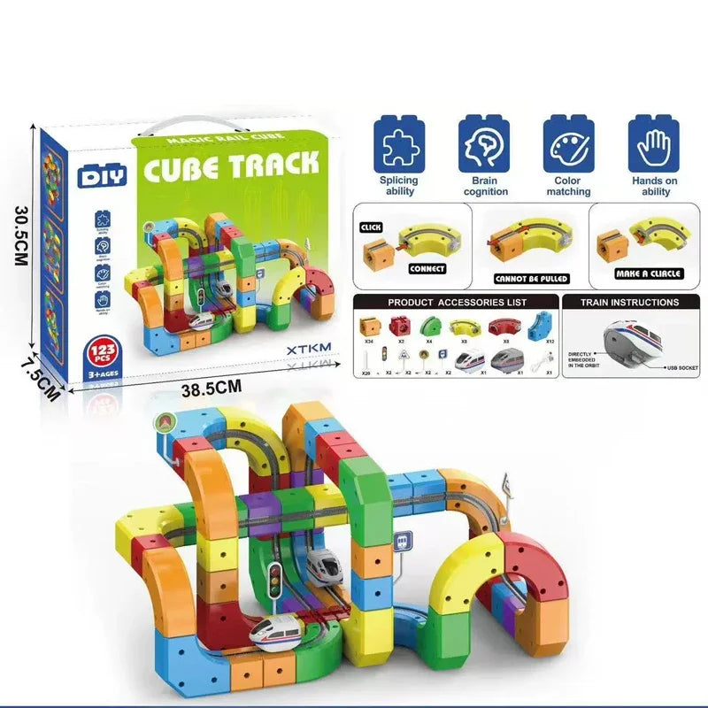 A set of colorful wooden building blocks forming a magic track train puzzle for educational play.