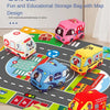 A soft fabric car toy with a map game mat and storage bag featuring various colored cars on a wooden surface.