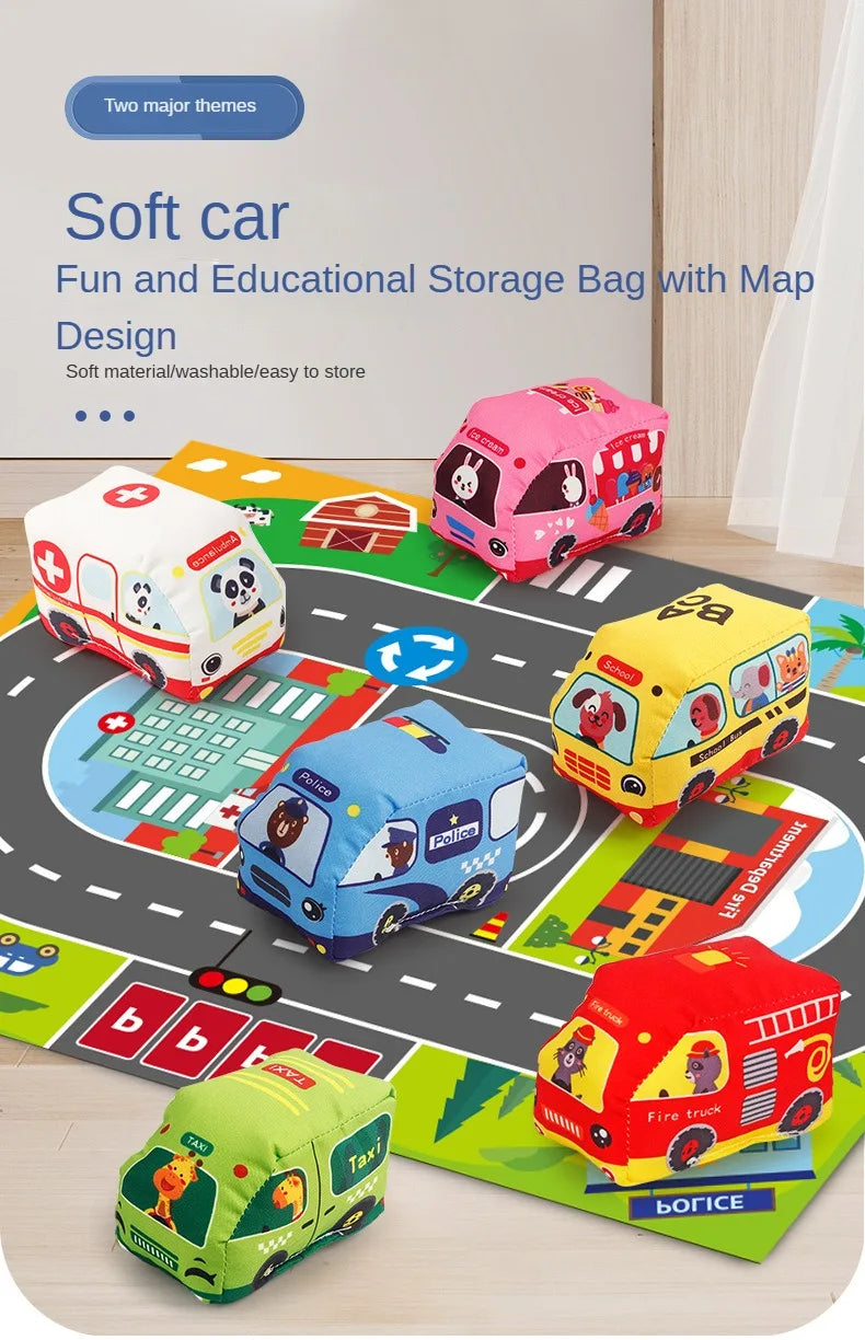 A soft fabric car toy with a map game mat and storage bag featuring various colored cars on a wooden surface.