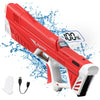 A red electric automatic water gun with a white grip and rapid refill system is shown against a blue water splash background.