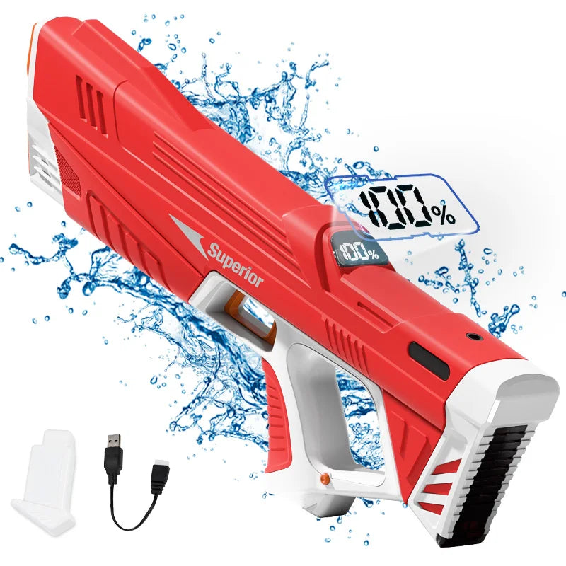 A red electric automatic water gun with a white grip and rapid refill system is shown against a blue water splash background.