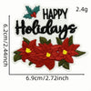 A festive iron-on patch featuring a knitted design with the text HAPPY HOLIDAYS and red floral elements.