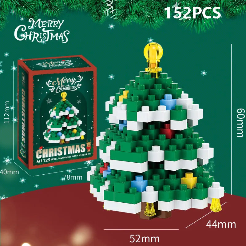 A green Christmas tree built from M1129 spell building blocks with a gold topper and festive packaging.