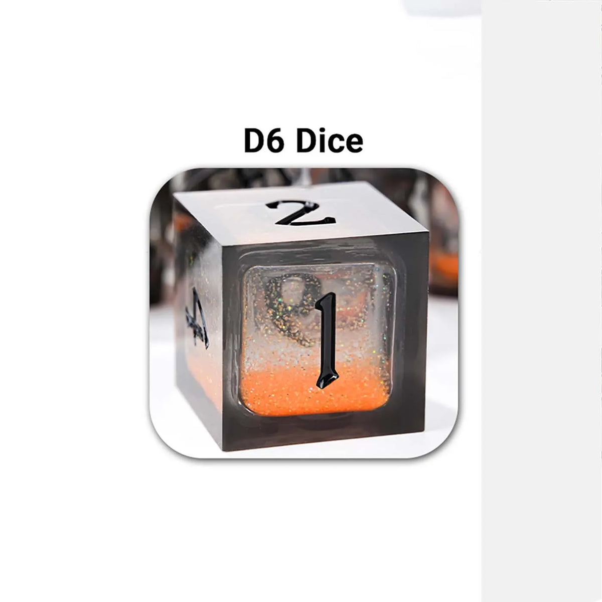 A D6 dice set with a liquid core resin cube showing the number 1 and a letter A.